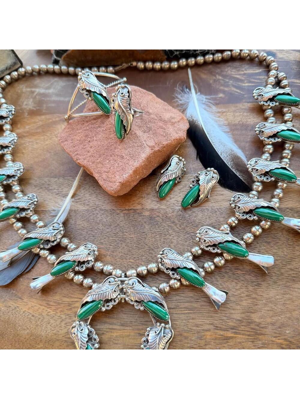Vintage 1970s Navajo Malachite Squash Blossom Set Artist Cecil Henry